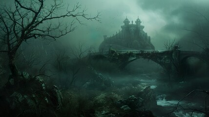 A mystical image, mysterious and mysterious, a gritty image that, when viewed, creates a sense of dread, yet fills one with desire. Tree and building in the dark. AI-generated image.