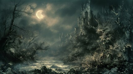 A mystical image, mysterious and mysterious, a gritty image that, when viewed, creates a sense of dread, yet fills one with desire. Tree and building in the dark. AI-generated image.