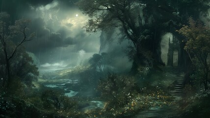 A mystical image, mysterious and mysterious, a gritty image that, when viewed, creates a sense of dread, yet fills one with desire. Tree and building in the dark. AI-generated image.
