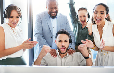 Business people, success or happy man in call center for winning sales bonus or victory good news....