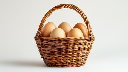Brown eggs in a wicker basket on white background.