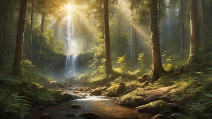 Fototapeta premium morning in the forest next to a flowing water fall