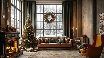 Fototapeta premium New Year's interior with a Christmas tree and garlands in a cottage 