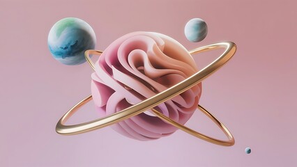 Floating ball with golden ring and orbital sphere. Pink color. 3d render