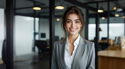 Portrait of beautiful successful young business woman smiling at camera. Female ceo leader businesswoman standing in office.