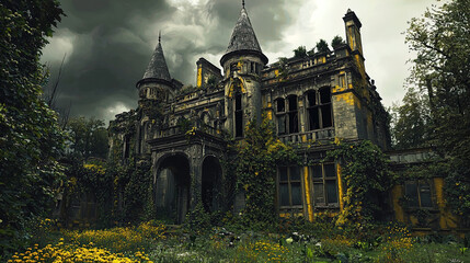 Obraz premium The image presents a hauntingly beautiful view of an abandoned mansion. The structure features intricate architectural details, including tall spires and ornate carvings, now enveloped by vibrant gree