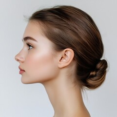 Fototapeta premium Elegant Side Head Portrait of Beautiful Female on White Background