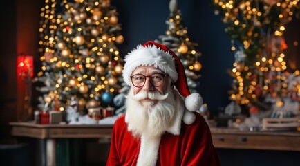Portrait of mature santa claus. Santa Claus. Christmas Presents. Concept of Christmas and New Year. Winter Holidays Celebration. Bearded Santa.
