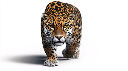 Obraz premium A front view of a jaguar, isolated against a white background with a shadow.