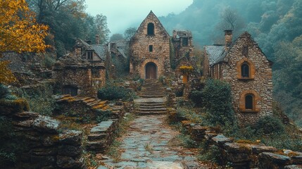 Enigmatic Stone Village in Misty Mountains: A Captivating Autumnal Scene