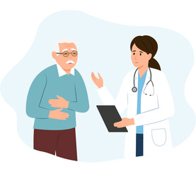 Obraz premium Doctor talking to old patient with stomach ache. Physician consults senior man , diagnoses, prescribes. Medicine, healthcare and people concept. Vector Illustration