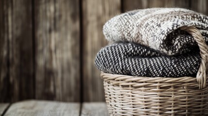 Obraz premium Cozy Winter Warmth A Rustic Basket Overflowing with Knitted Blankets on a Wooden Background