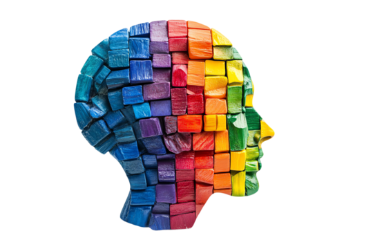 Colorful wooden blocks form a human head silhouette, representing creativity and diversity in thought, on a white isolated background.