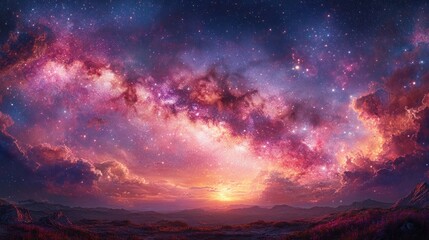 Obraz premium Celestial panorama of a vibrant, star-dusted sky merging with a sunrise over a landscape of rolling hills, with a prominent Milky Way.