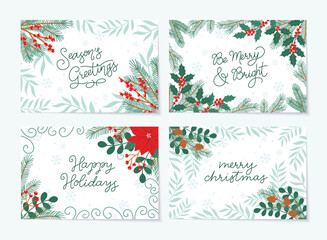 Happy holidays greeting cards set. Collection of botanical Christmas holiday greeting cards with winter plants and flowers. Flat vector illustration. Ready to print card designs