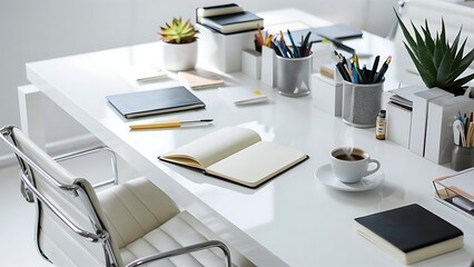 Bright minimalist workspace / desktop with blank open notebook, office supplies, coffee and succulent plant on a white background - top view, copyspace