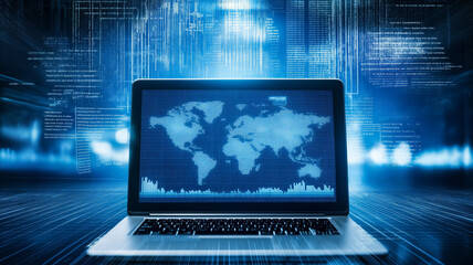 Laptop showing a world map with binary data in a futuristic blue digital setting.