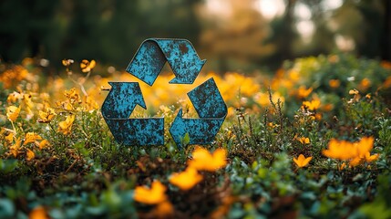 A blue recycle sign stands out against a nature background, symbolizing environmental awareness, sustainability, and Earth Day's eco-conscious message