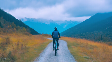 Obraz premium Cyclist Pausing at a Scenic Trail: Serene Outdoor Adventure in the Heart of Nature