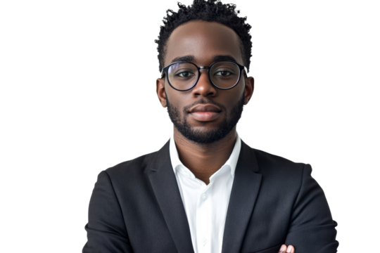 Confident young man in a black suit and glasses, standing with arms crossed, isolated on a white background.