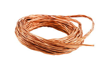 Naklejka premium Copper wire coil on a white isolated background, showcasing its texture and color, ideal for industrial, electrical, and manufacturing applications.