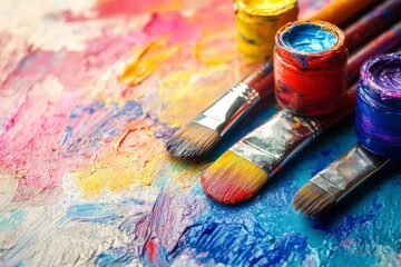 Fototapeta premium Bright paint pots and brushes spread over colorful canvas