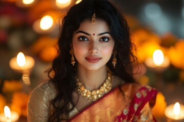 Fototapeta premium Young Indian Woman Diwali Festive Saree Gold Jewelry