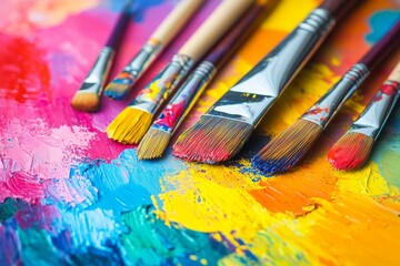 Fototapeta premium Vibrant paint and brushes create colorful art. Generative AI