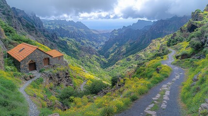 Mountain valley with a small stone house, winding paths, and lush greenery under a cloudy sky, perfect for travel posters, nature banners, and scenic wallpapers.

