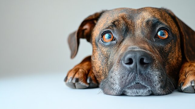 Close-up of a brown and black dog laying down, looking directly at the viewer with expressive eyes.