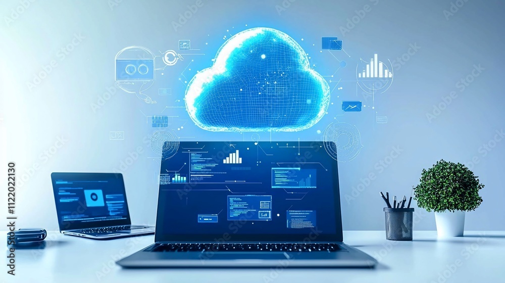 Poster cloud computing concept displayed on laptop screen. multiple laptops and office supplies on a desk.