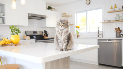 Obraz na płótnie Canvas A Maine Coon cat sits on a kitchen island in a bright, modern space.