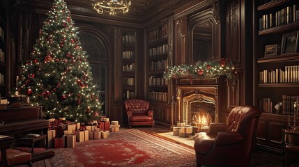 New Year's interior with a Christmas tree and garlands in a office 