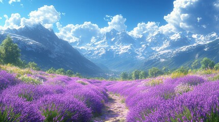 Lavender Fields and Majestic Mountain Panorama: A Breathtaking Summer Landscape