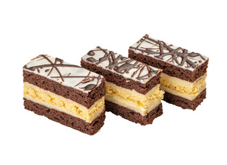 Three slices of layered chocolate cake