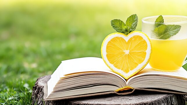 An open book with pages shaped like a heart rests on a tree stump, next to a glass of lemonade garnished with mint leaves, surrounded by vibrant green grass