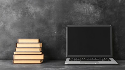 Laptop rests beside a stack of books on a dark table, illustrating the fusion of technology and traditional learning in Africa's educational landscape