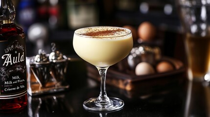 Obraz premium Eggnog, a festive Christmas beverage enjoyed worldwide, is a delectable blend of eggs and alcohol.This creamy treat is a staple of holiday celebrations. 