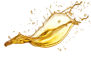 Dynamic splash of golden liquid captured mid-air on a transparent background, showcasing fluid movement and vibrant color.