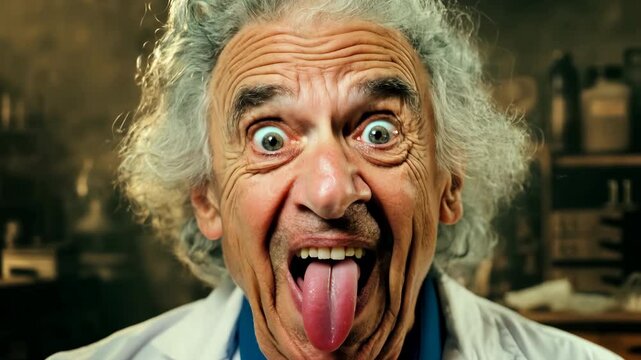 Funny crazy scientist in white coat with curly gray hair opened his mouth and stuck out his tongue. Mad man. Madness in science. Joke, humor, parody, costume.