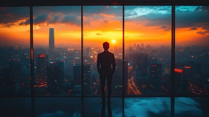 Fototapeta premium A business person in an office gazes out at the cityscape