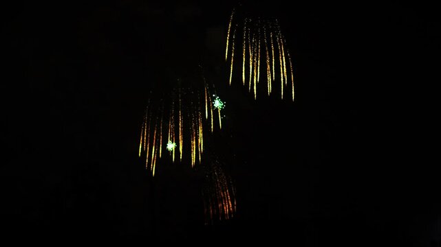 Silver purple green sparks scattering fireworks on the black night sky. General plan