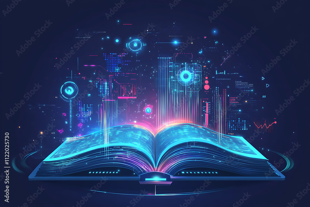 Poster an open digital book with glowing data and graphics emerging from its pages.