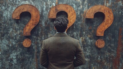 A businessman stands with question marks, representing curiosity and the pursuit of answers