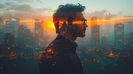 A businessman's silhouette blends with a city skyline, symbolizing mindfulness and the integration of business with the ecosystem