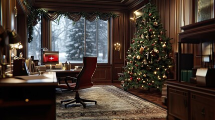 Fototapeta premium New Year's interior with a Christmas tree and garlands in a office 