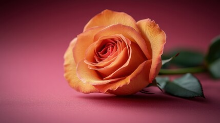 Fototapeta premium Close-up of a single, vibrant orange-peach rose on a deep magenta background.