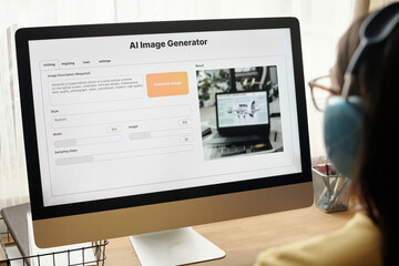 Focus on screen of desktop computer with AI generated image and its description during creating of new content