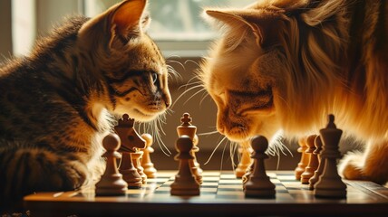 Animals playing chess are thinking about their next move. AI-generated image