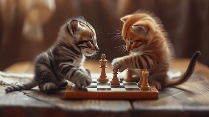 Animals playing chess are thinking about their next move. AI-generated image